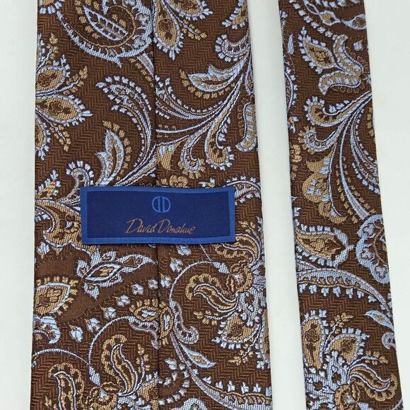 DAVID DONAHUE SILK TIE BROWN BLUE PAISLEY TEXTURED SATIN 3.5" X 59" - Picture 3 of 4